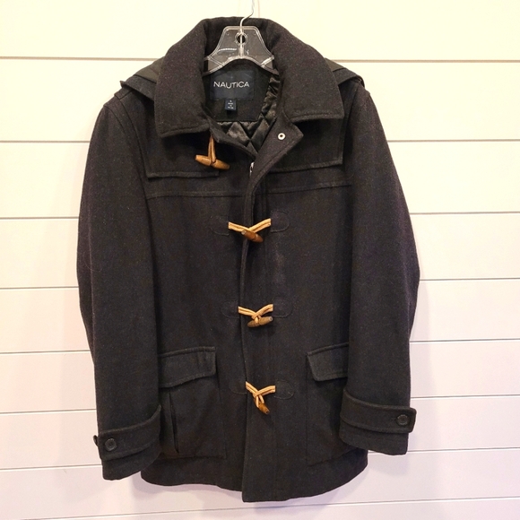 Nautica Men's Grey Wool Toggle & Full Zip Front Hooded Coat Jacket SZ Small/Med - Picture 1 of 7